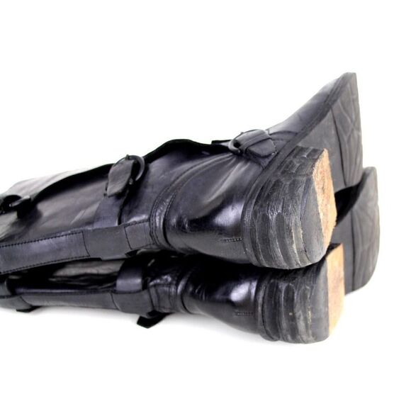 Trouve BLACK GENUINE LEATHER LOW HEEL PULL ON STRAP BUCKLE ROUND TOE BOOTS 6.5B - Picture 7 of 11